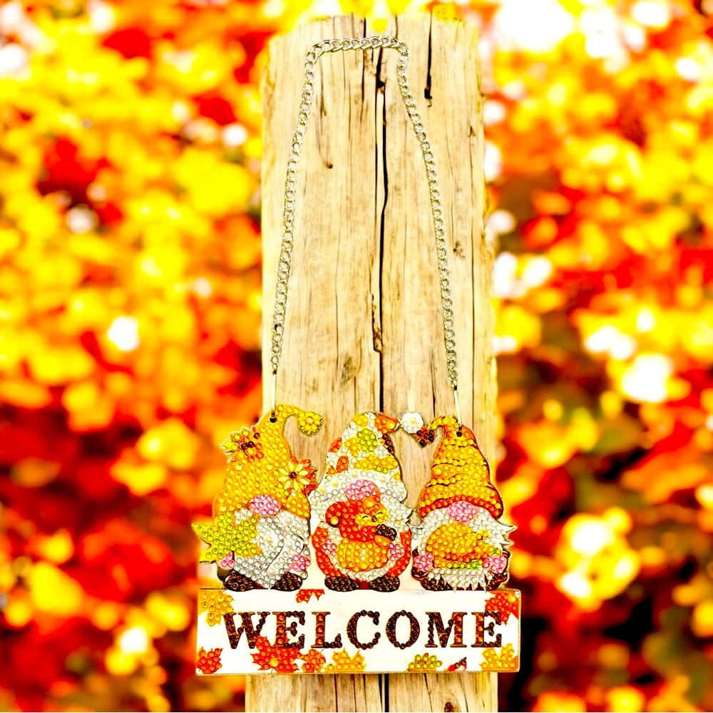 Gnome Welcome Fall Hanging Wall Decor Hand Crafted Sealed Diamond Art